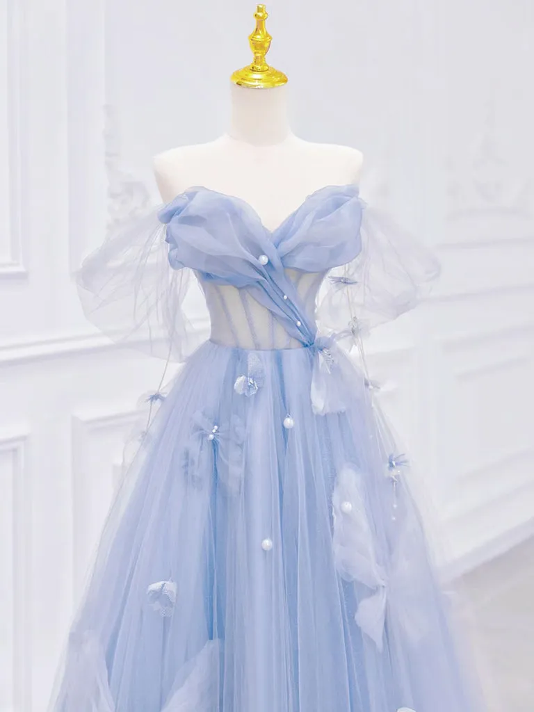 A-Line Off Shoulder Tulle Blue Long Prom Dress, Blue Long Formal Dress