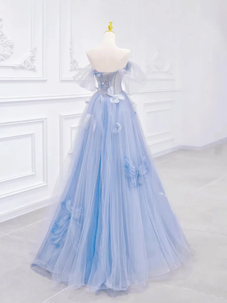 A-Line Off Shoulder Tulle Blue Long Prom Dress, Blue Long Formal Dress