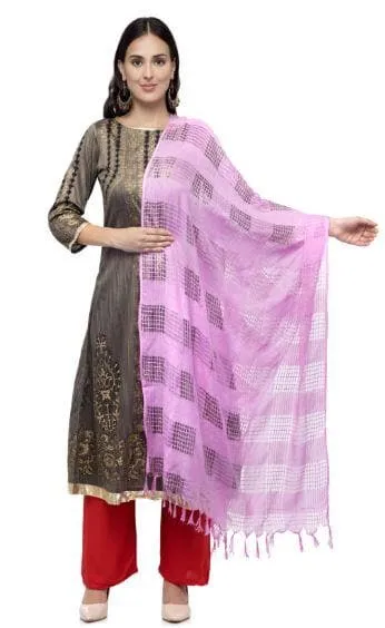 A R Silk Women's Cotton Window Check Baby Pink Regular Dupatta