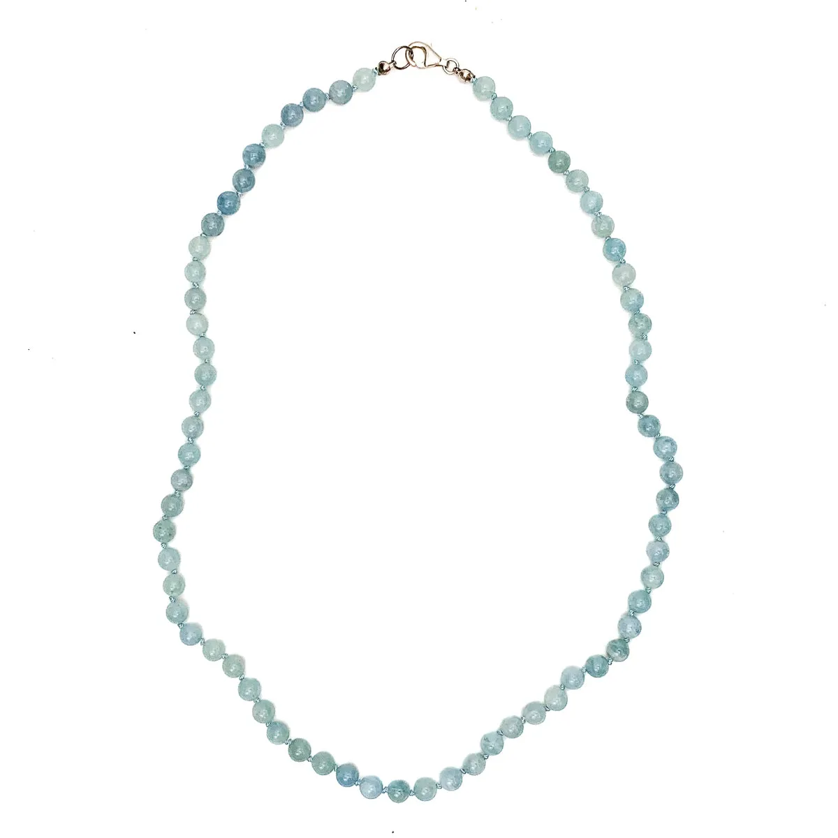 Aquamarine 6mm Knotted Necklace With Sterling Silver Trigger Clasp