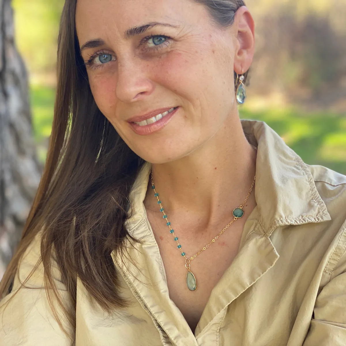 Asymmetrical Aquamarine Crystal Necklace and Earrings for Courage