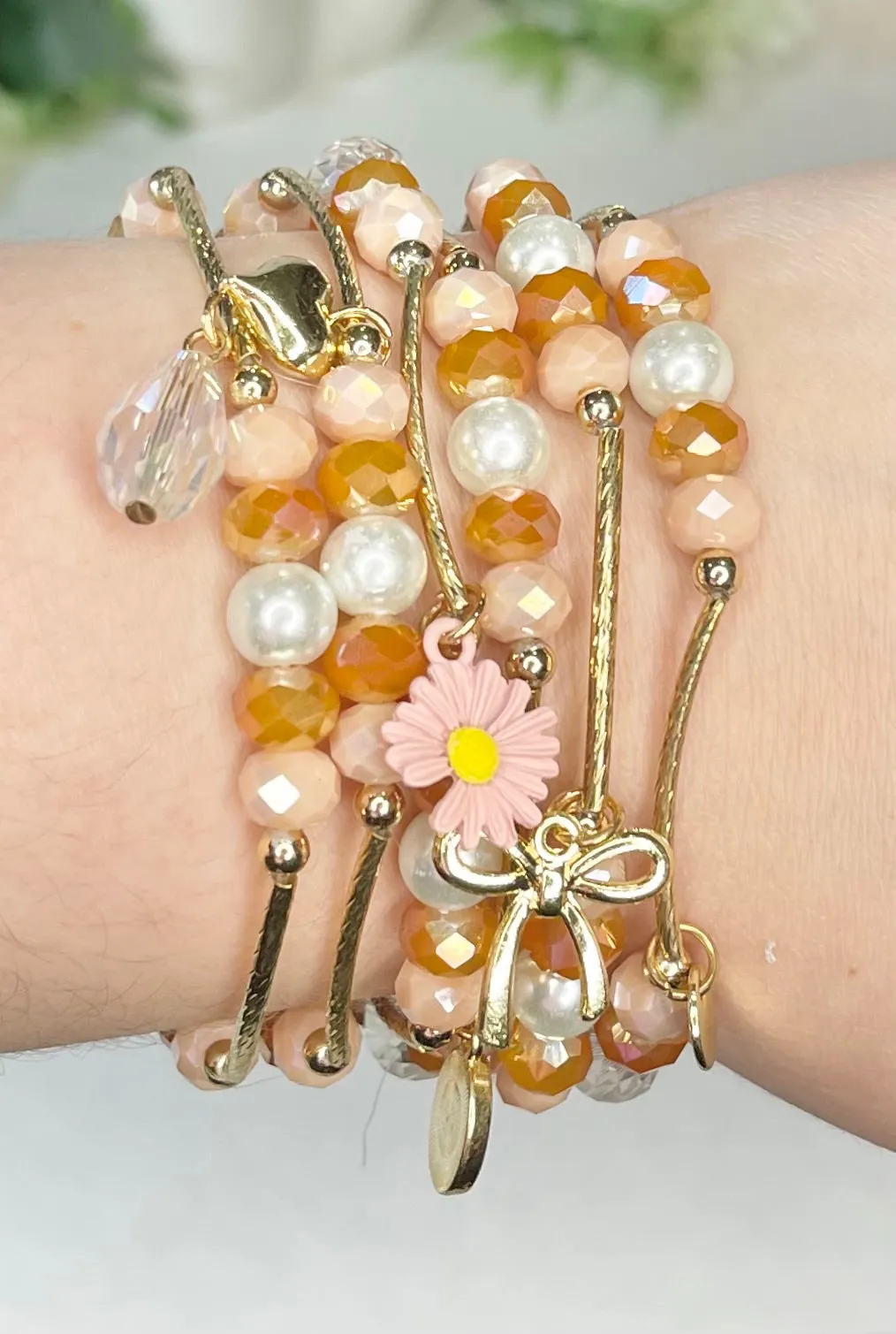 Beautiful Blush, Peach, Rose Gold Crystal 6 pc bracelets with charms