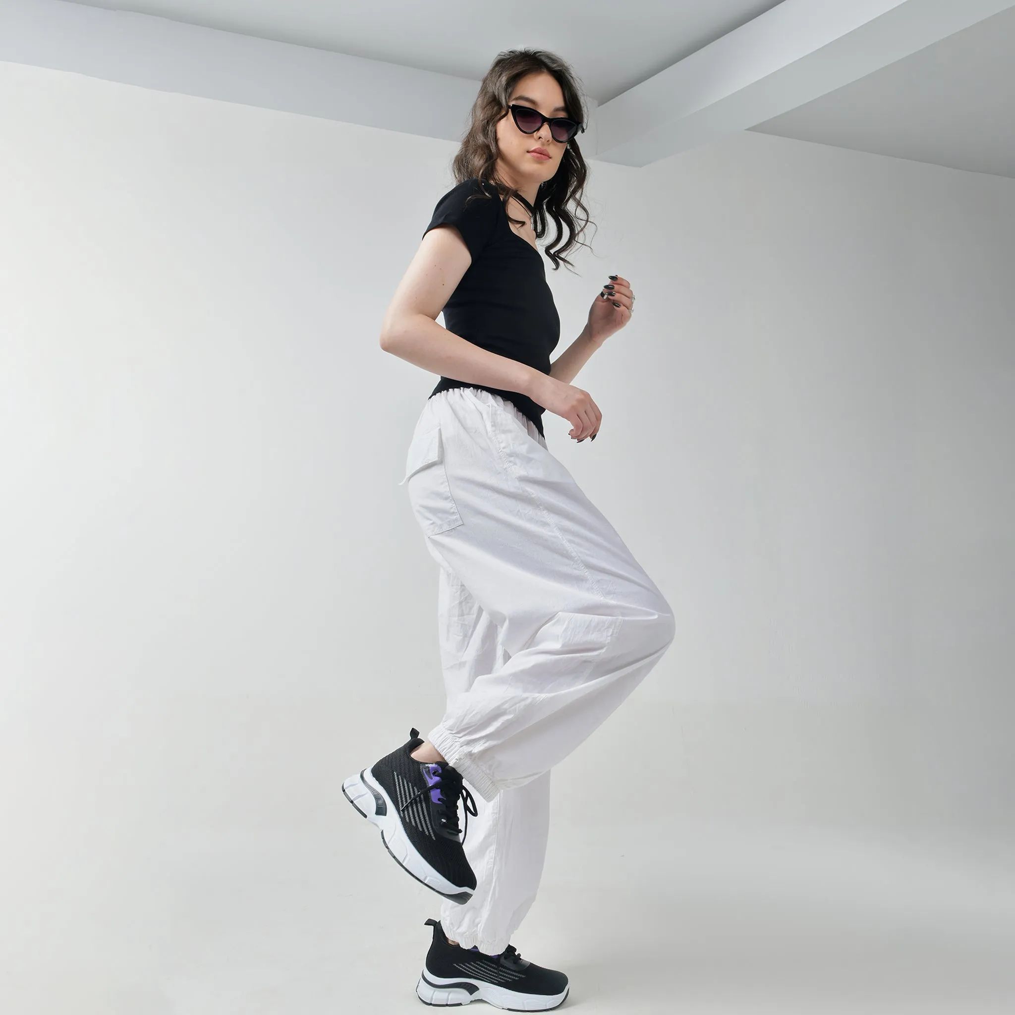 Black Square Neck Top & White Parachute Pants