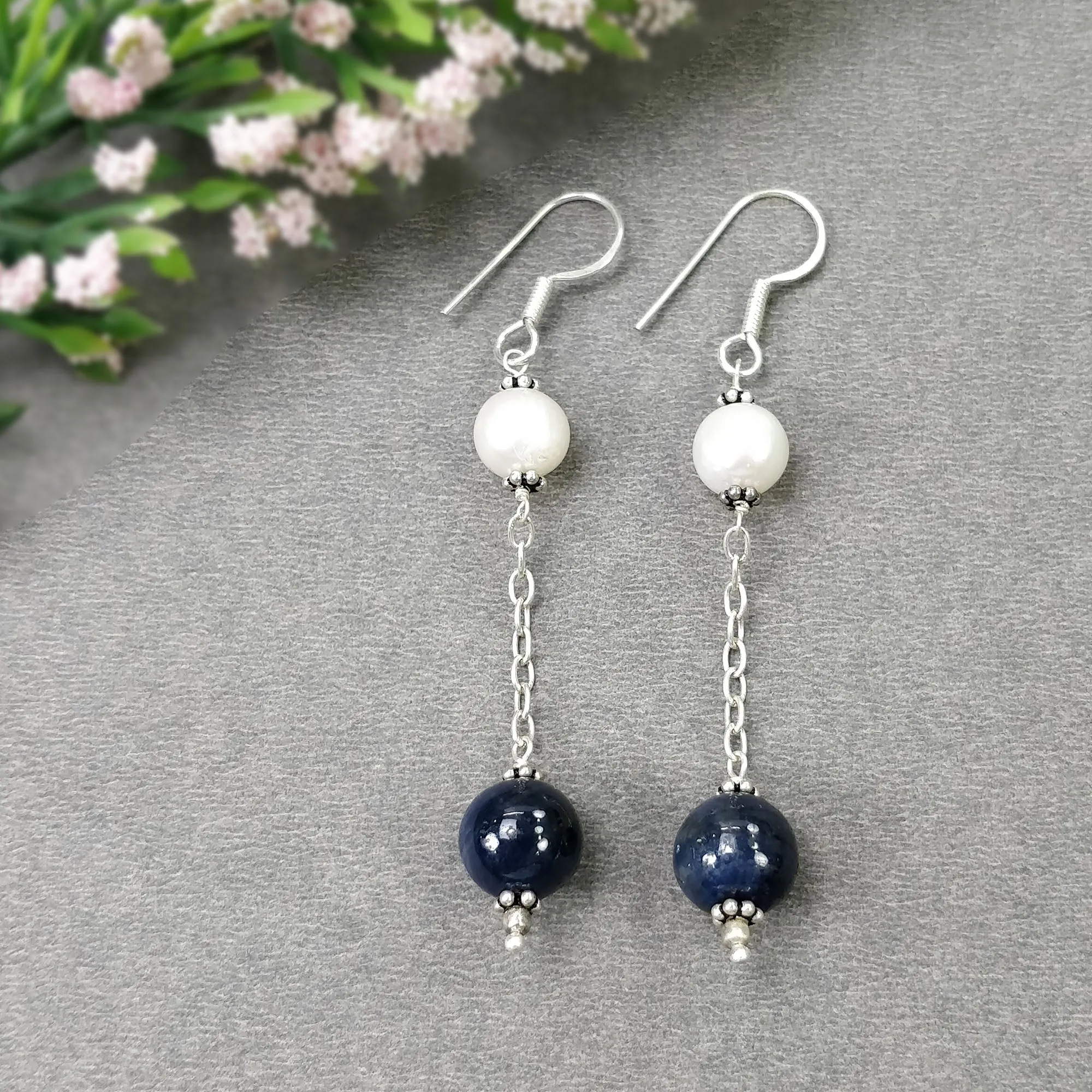 BLUE SAPPHIRE Gemstone 925 Sterling Silver Beaded Earrings : 7.44gms Natural Pearl Untreated Drop Dangle Hook Earrings 2.85"