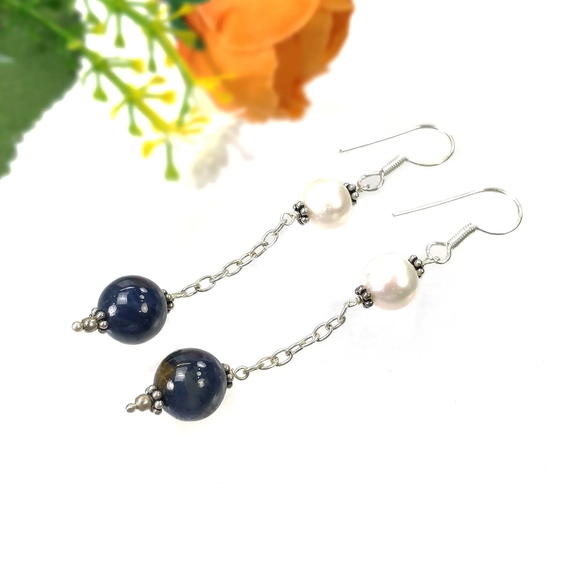 BLUE SAPPHIRE Gemstone 925 Sterling Silver Beaded Earrings : 7.44gms Natural Pearl Untreated Drop Dangle Hook Earrings 2.85"