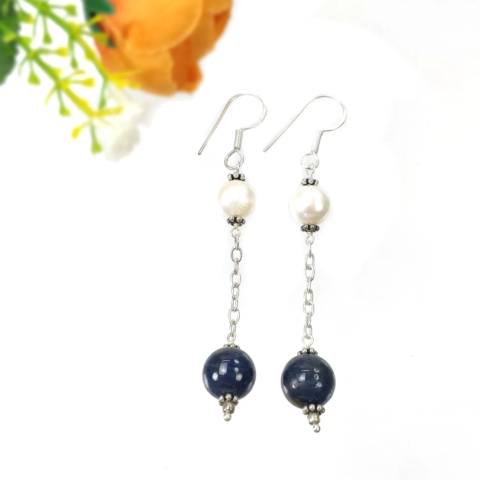 BLUE SAPPHIRE Gemstone 925 Sterling Silver Beaded Earrings : 7.44gms Natural Pearl Untreated Drop Dangle Hook Earrings 2.85"