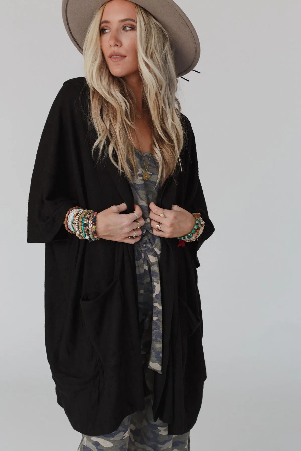 Boho Essential Hooded Ribbed Sweater - Black