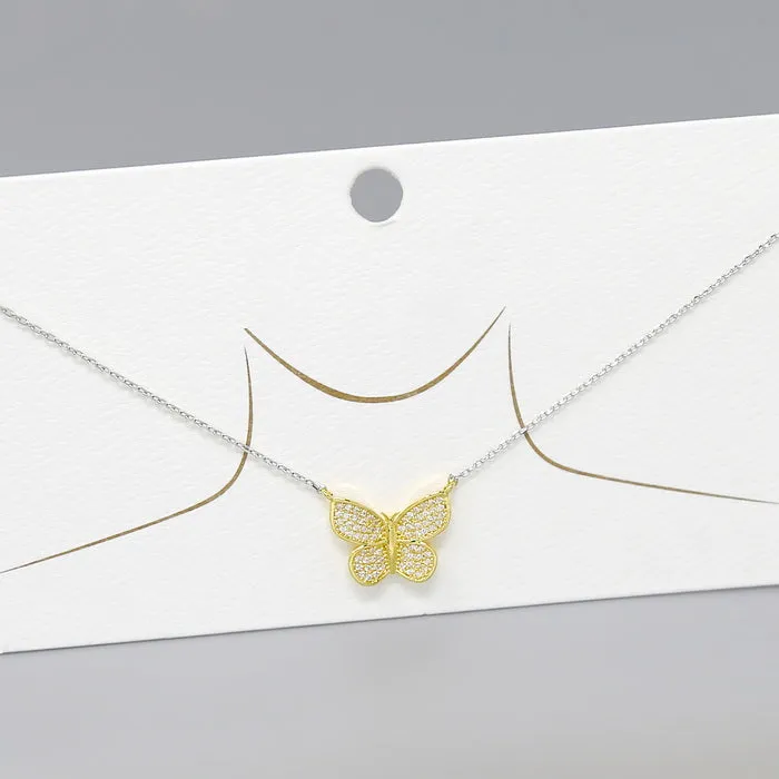 Butterfly CZ Pave Pendant Two Tone Short Chain Necklace