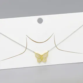 Butterfly CZ Pave Pendant Two Tone Short Chain Necklace