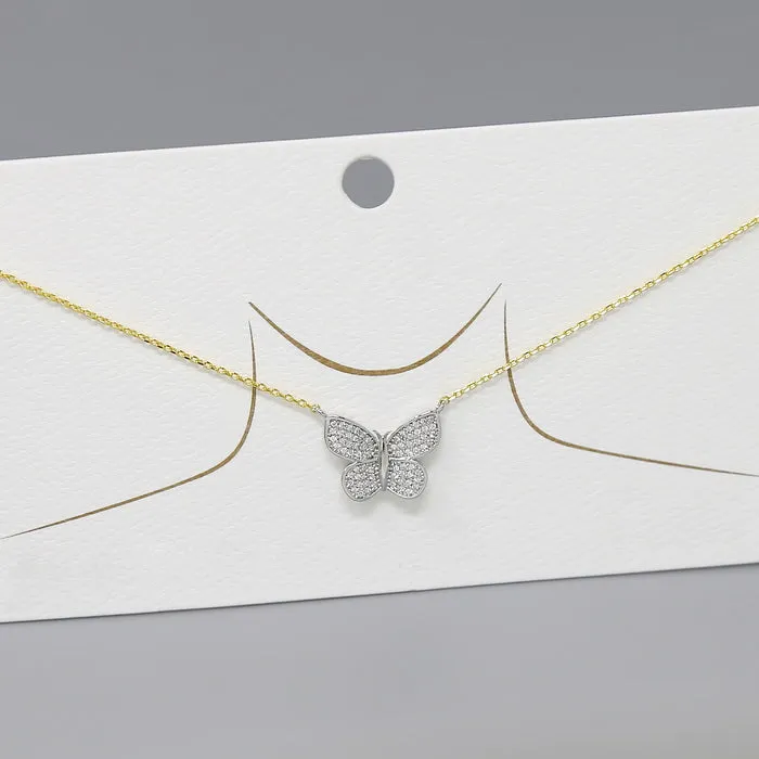 Butterfly CZ Pave Pendant Two Tone Short Chain Necklace