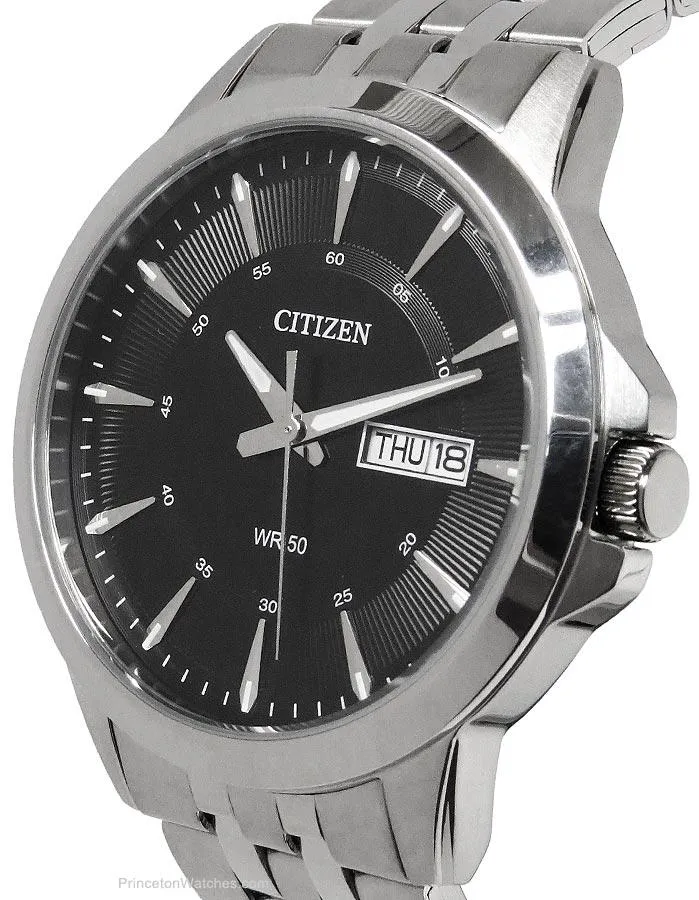 Citizen Quartz Mens Day/Date Watch - Black Dial - Steel Case and Bracelet