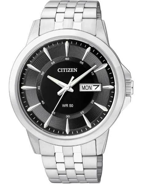 Citizen Quartz Mens Day/Date Watch - Black Dial - Steel Case and Bracelet