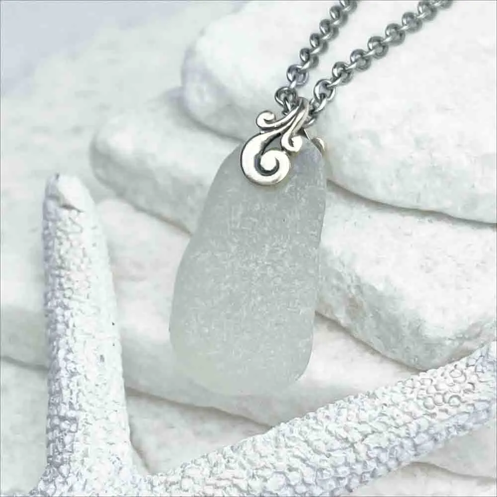 Crystal Clear Sea Glass Pendant with Ocean Waves Bail  | #1747