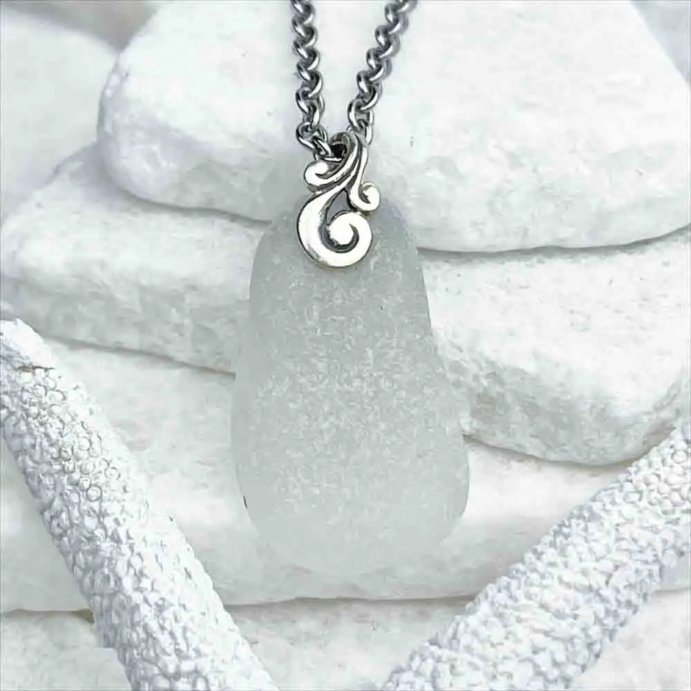 Crystal Clear Sea Glass Pendant with Ocean Waves Bail  | #1747