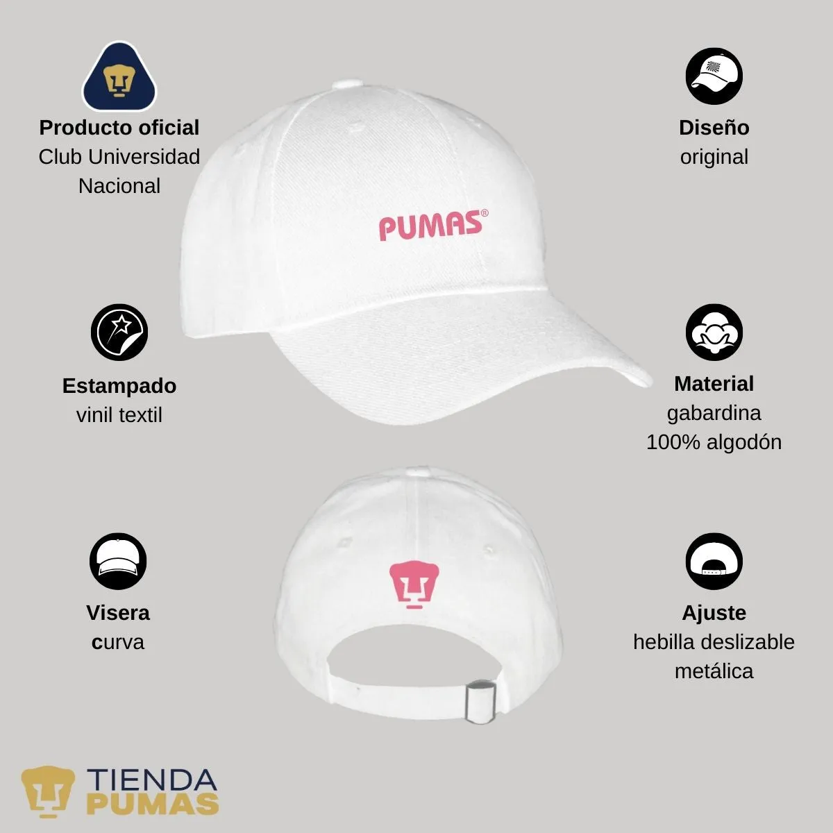 Gorra Pumas UNAM Hombre Mujer Ajustable Logo Rosa 2 Vinil