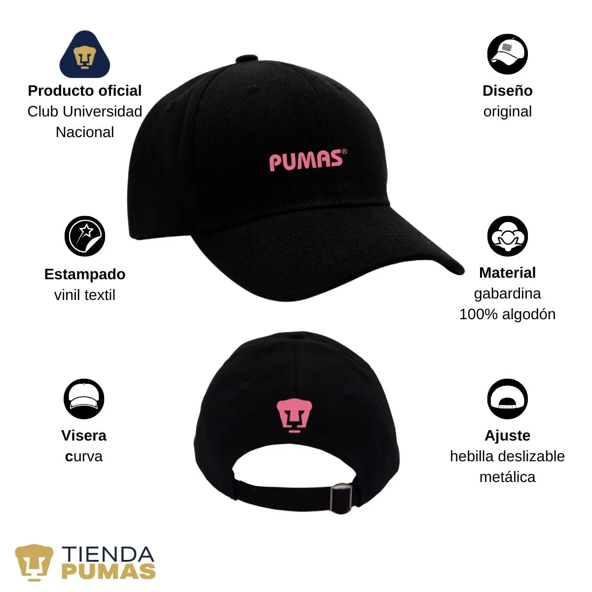 Gorra Pumas UNAM Hombre Mujer Ajustable Logo Rosa 2 Vinil