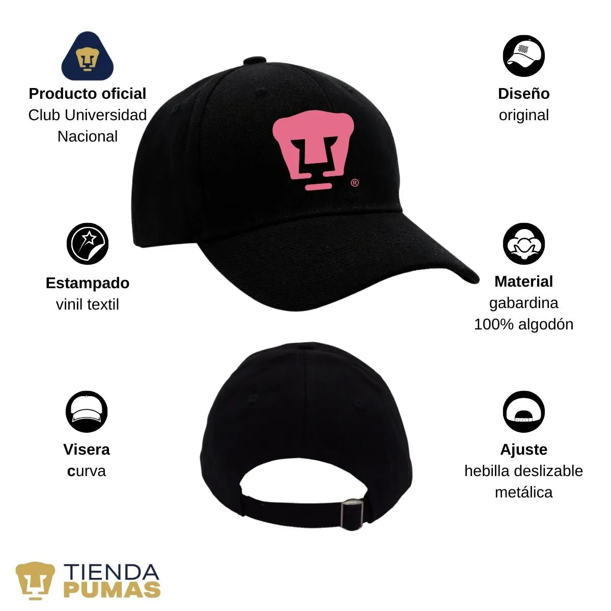 Gorra Pumas UNAM Hombre Mujer Ajustable Logo Rosa 8 Vinil