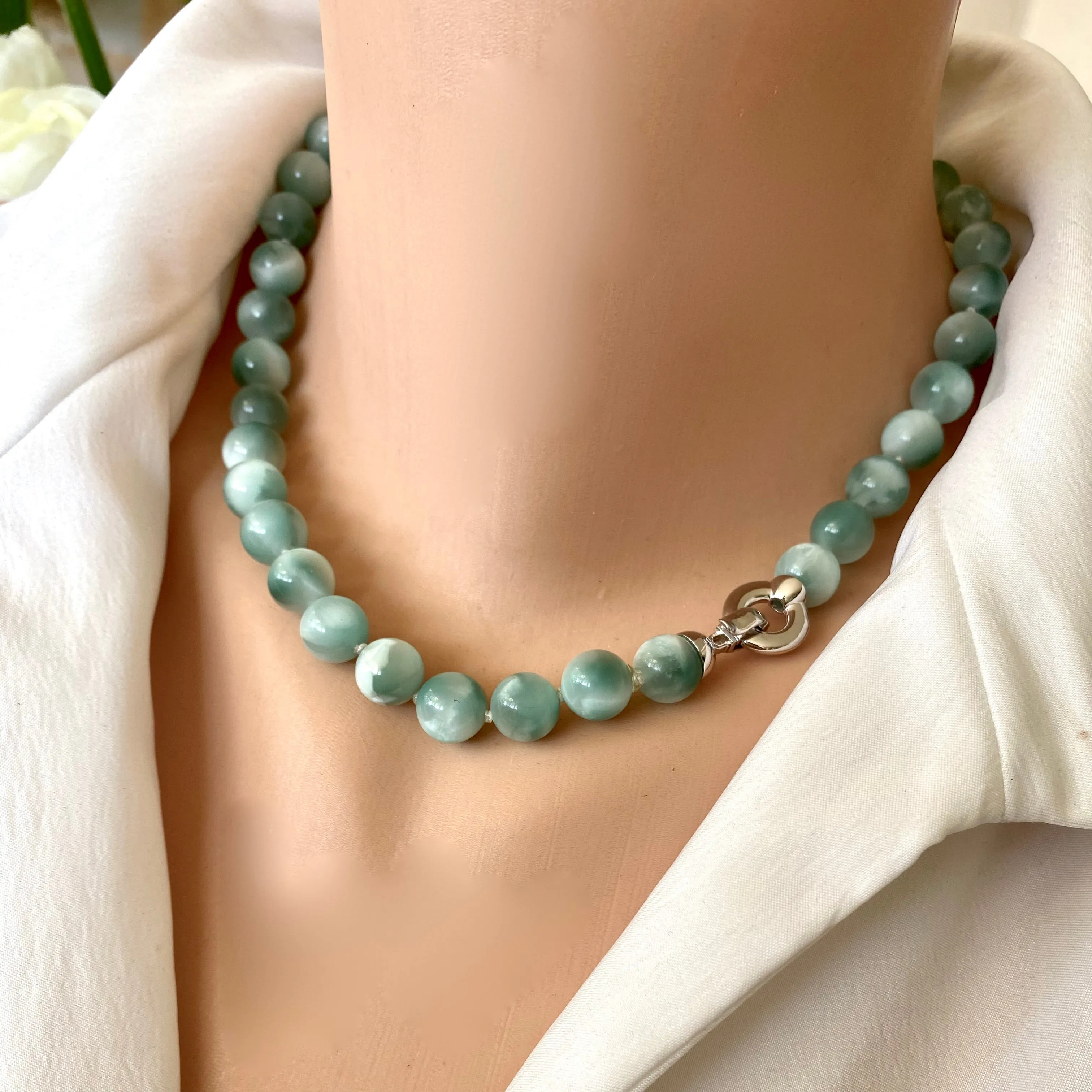 Green Moonstone Candy Necklace, Top Quality Moonstone Beads, Rhodium Plated Silver Push Lock Clasp, 17in