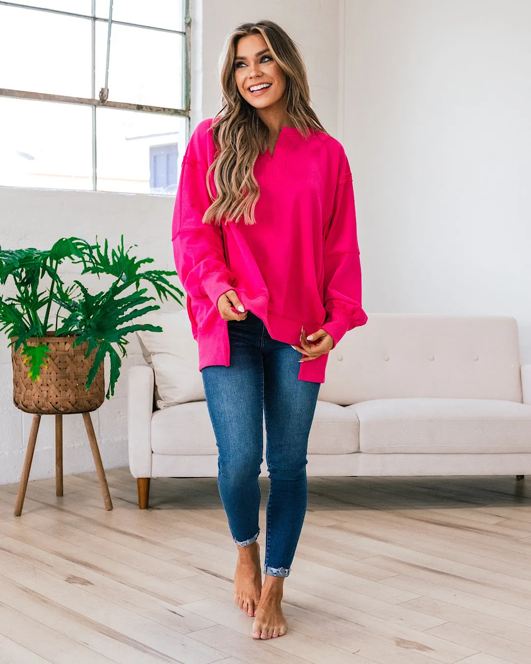 Kimberley Notched V Sweatshirt - Fuchsia