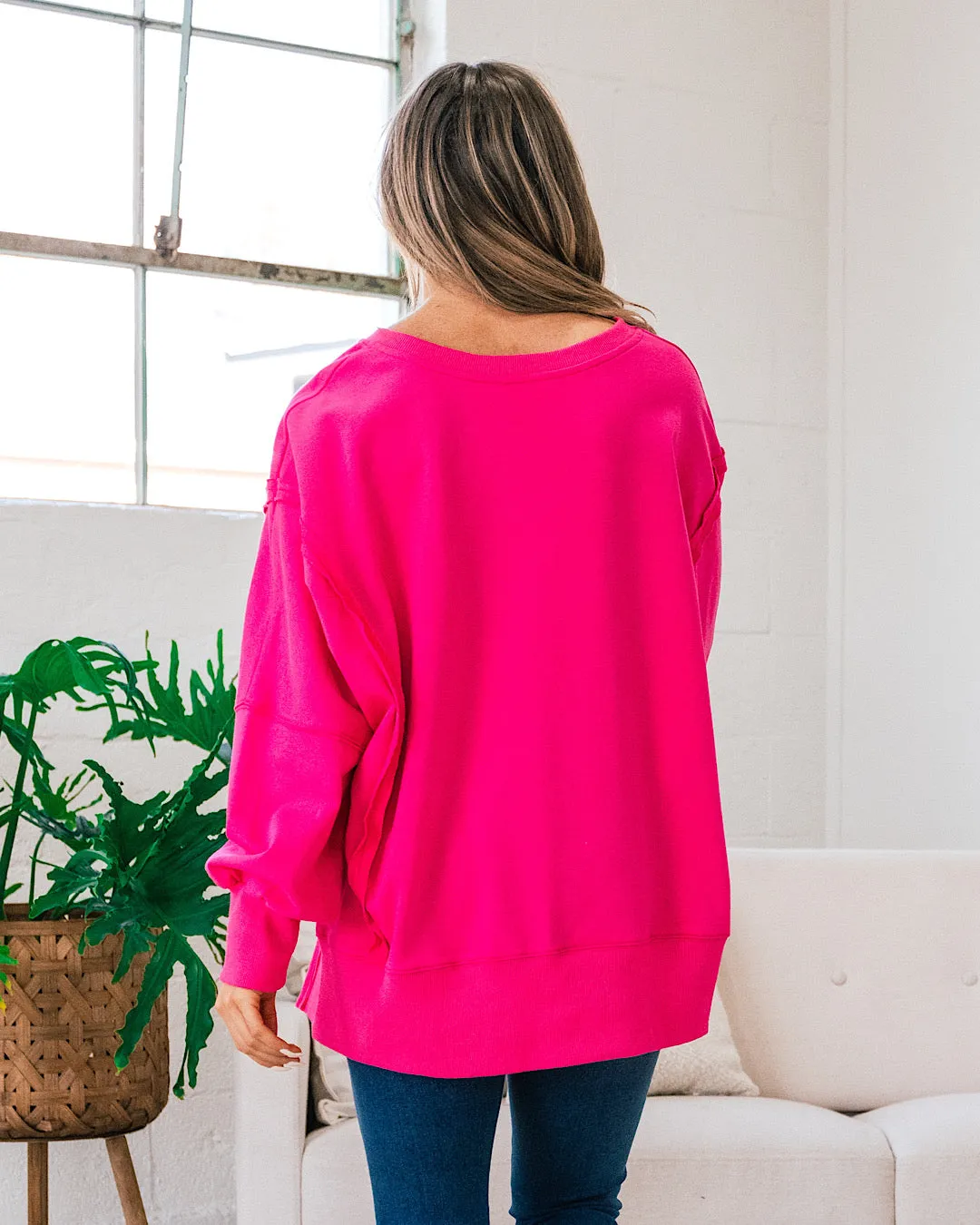 Kimberley Notched V Sweatshirt - Fuchsia