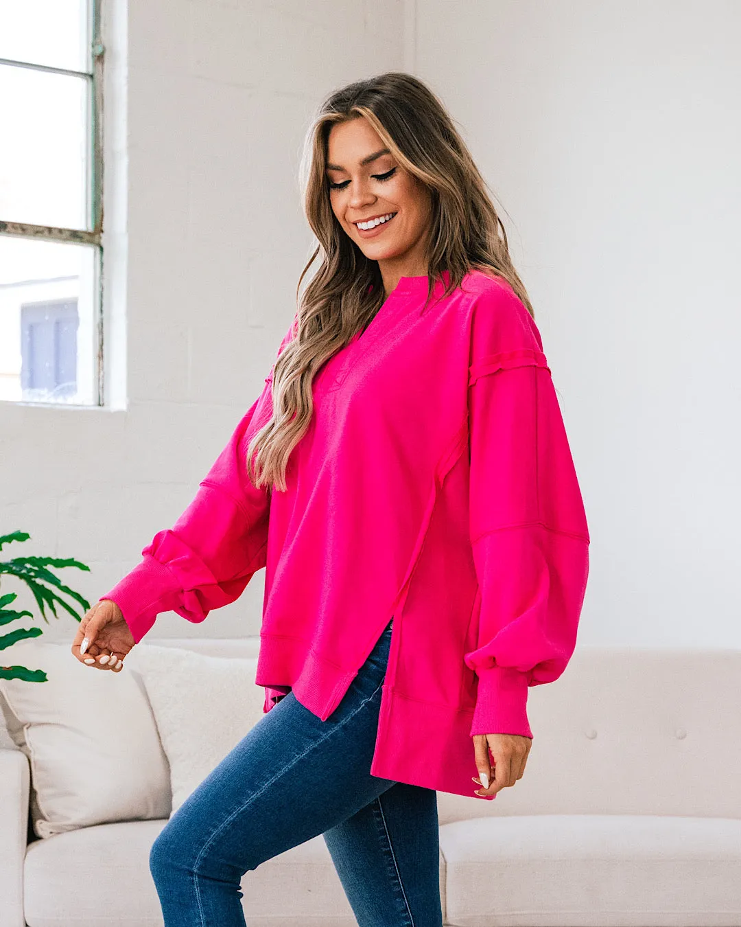 Kimberley Notched V Sweatshirt - Fuchsia