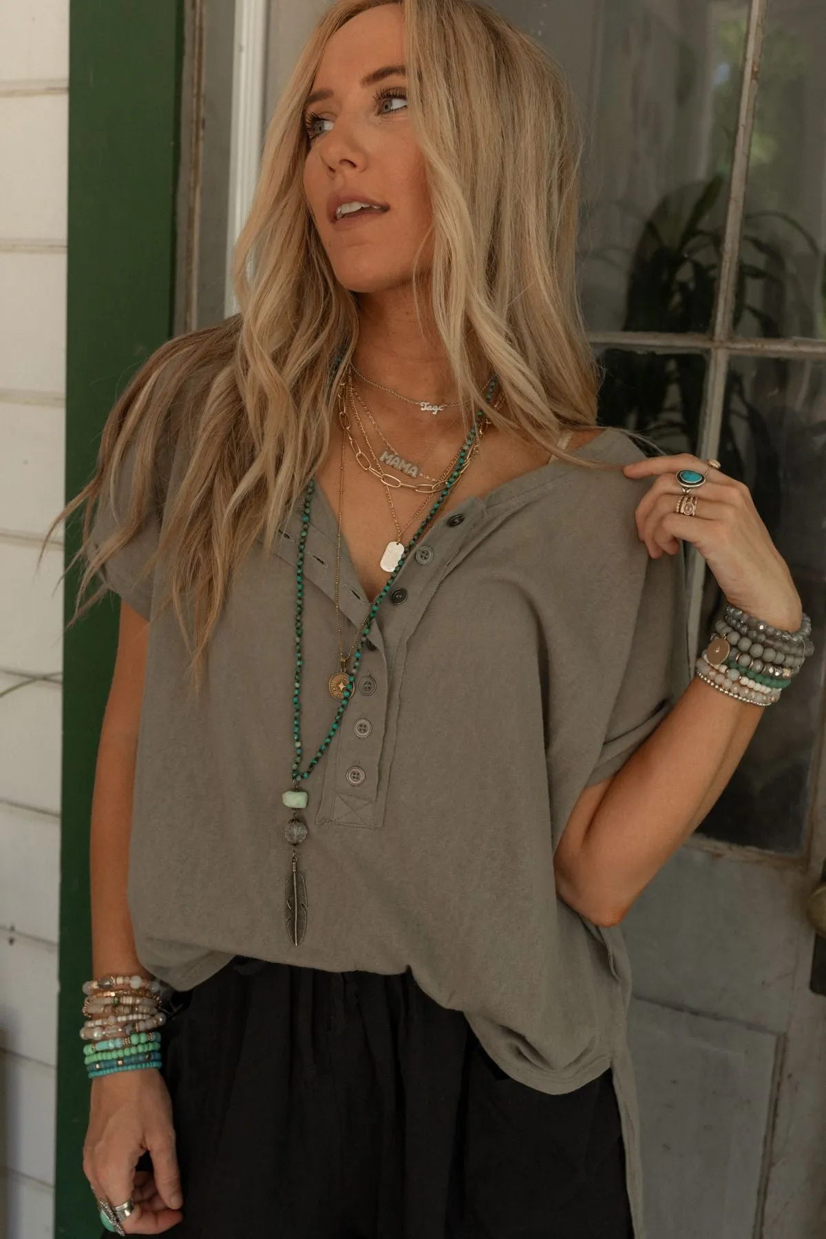 Live In It Button Detail Top - Army