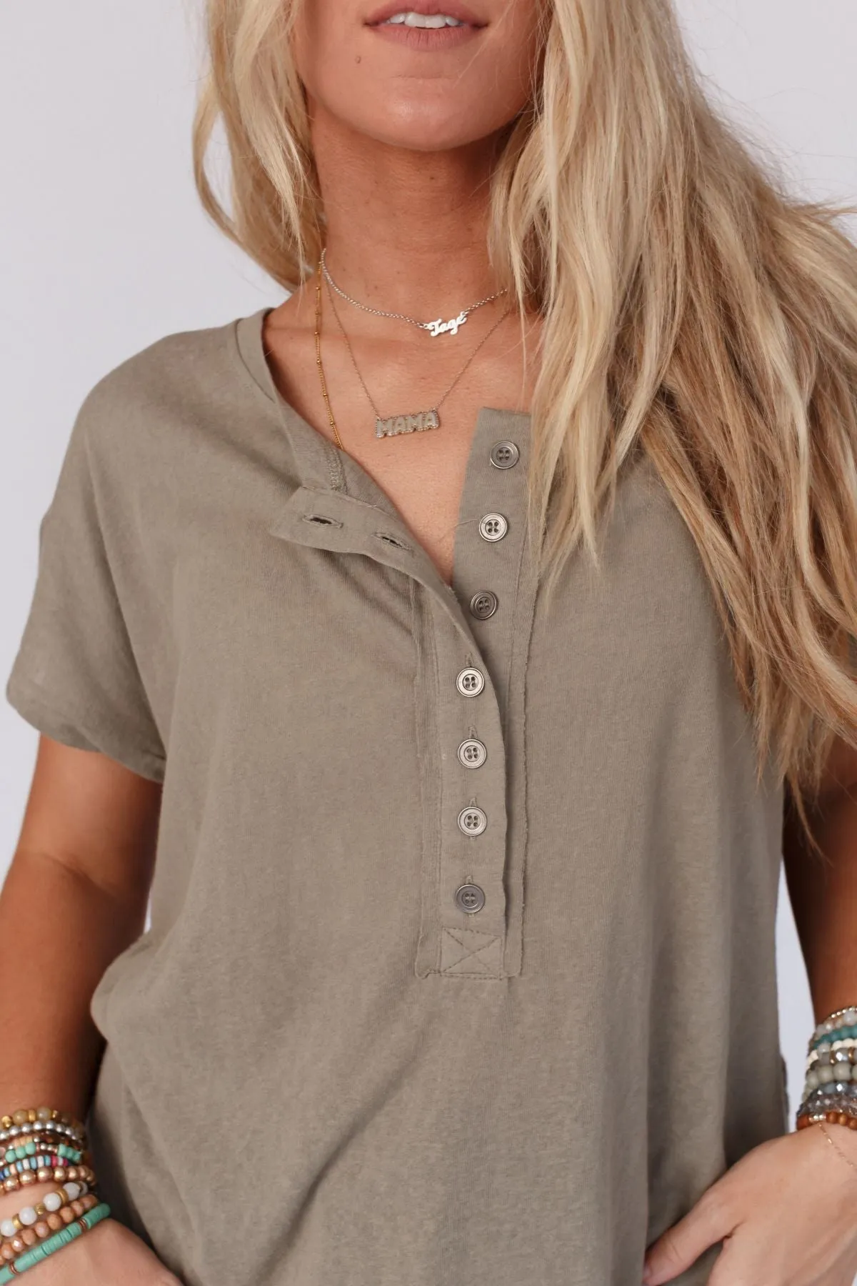 Live In It Button Detail Top - Army