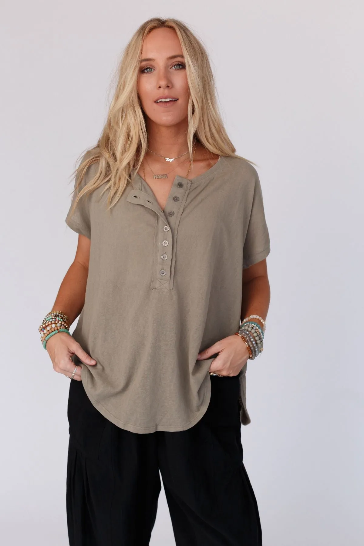 Live In It Button Detail Top - Army