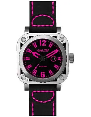 Lum-Tec G10 Mens - Stainless Steel Case - Neon Pink - Leather - 200 Meters