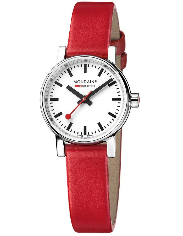 Mondaine Womens Evo2 Petite Watch - Stainless Steel - Red Leather Strap - 26mm