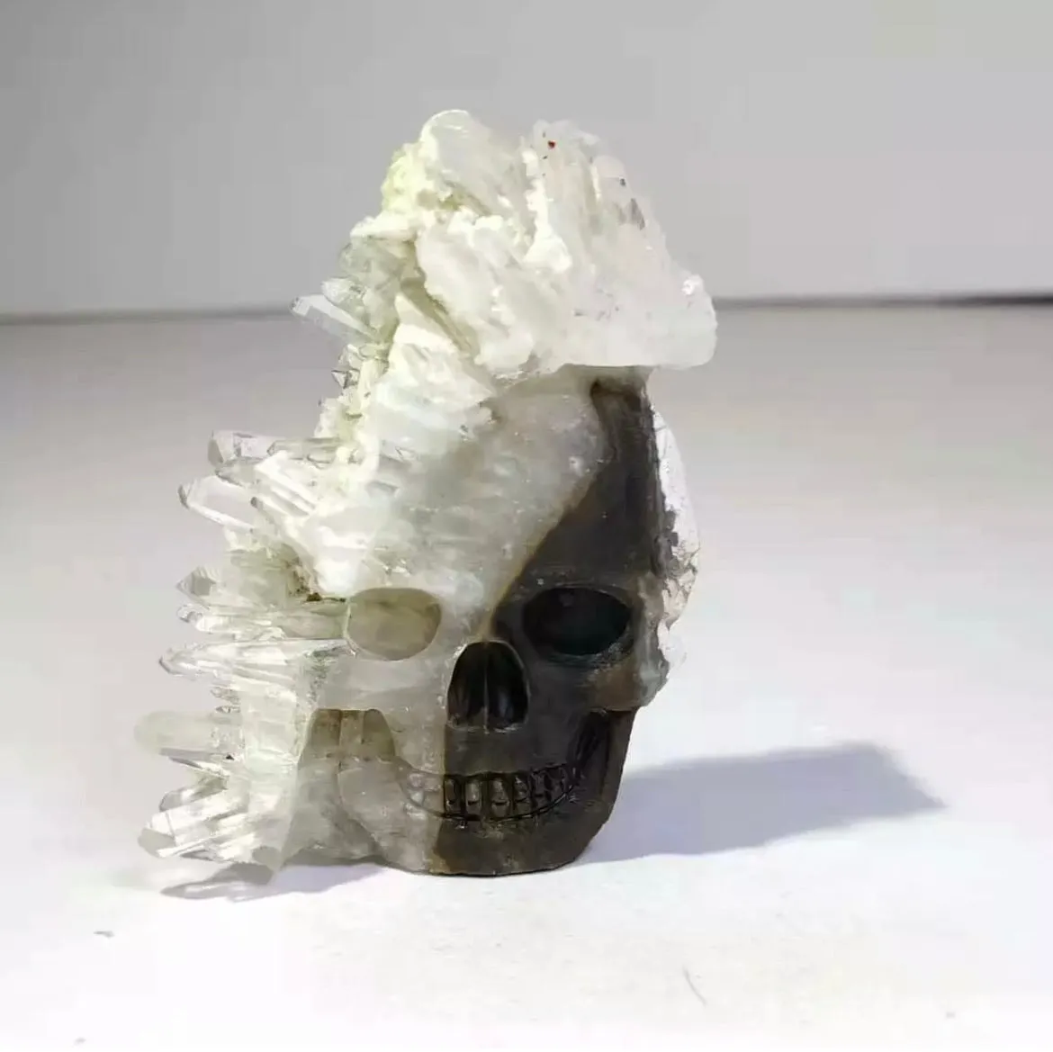 Natural crystal, quartz cluster, mineral specimen, hand carved, skull