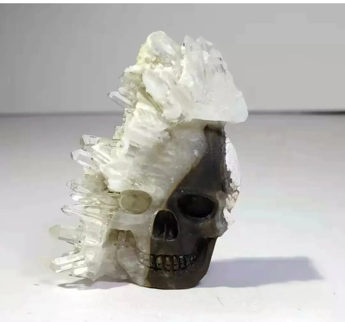 Natural crystal, quartz cluster, mineral specimen, hand carved, skull