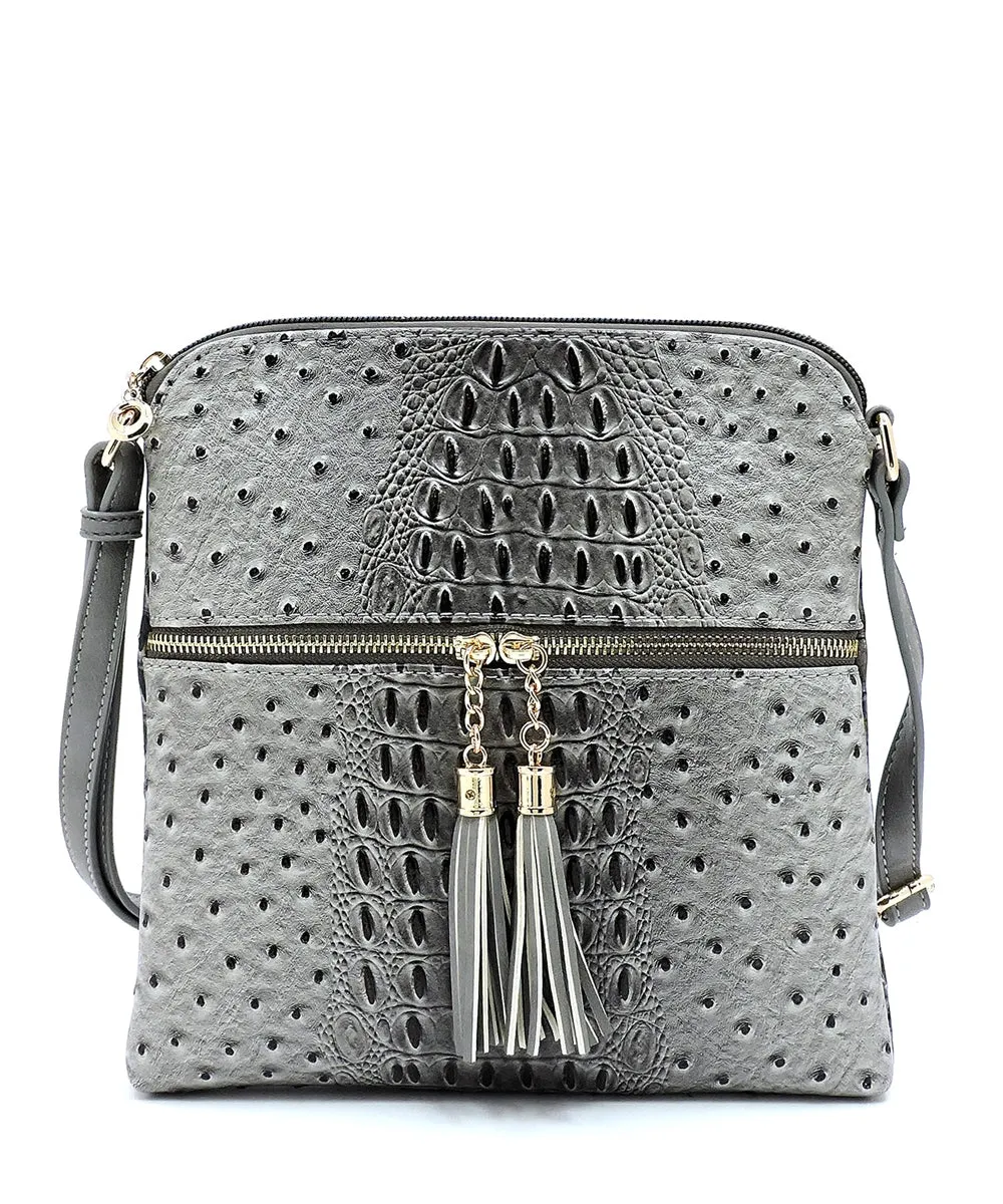 Ostrich Croc Zip Tassel Crossbody