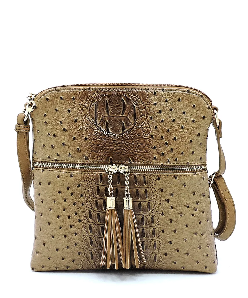 Ostrich Croc Zip Tassel Crossbody