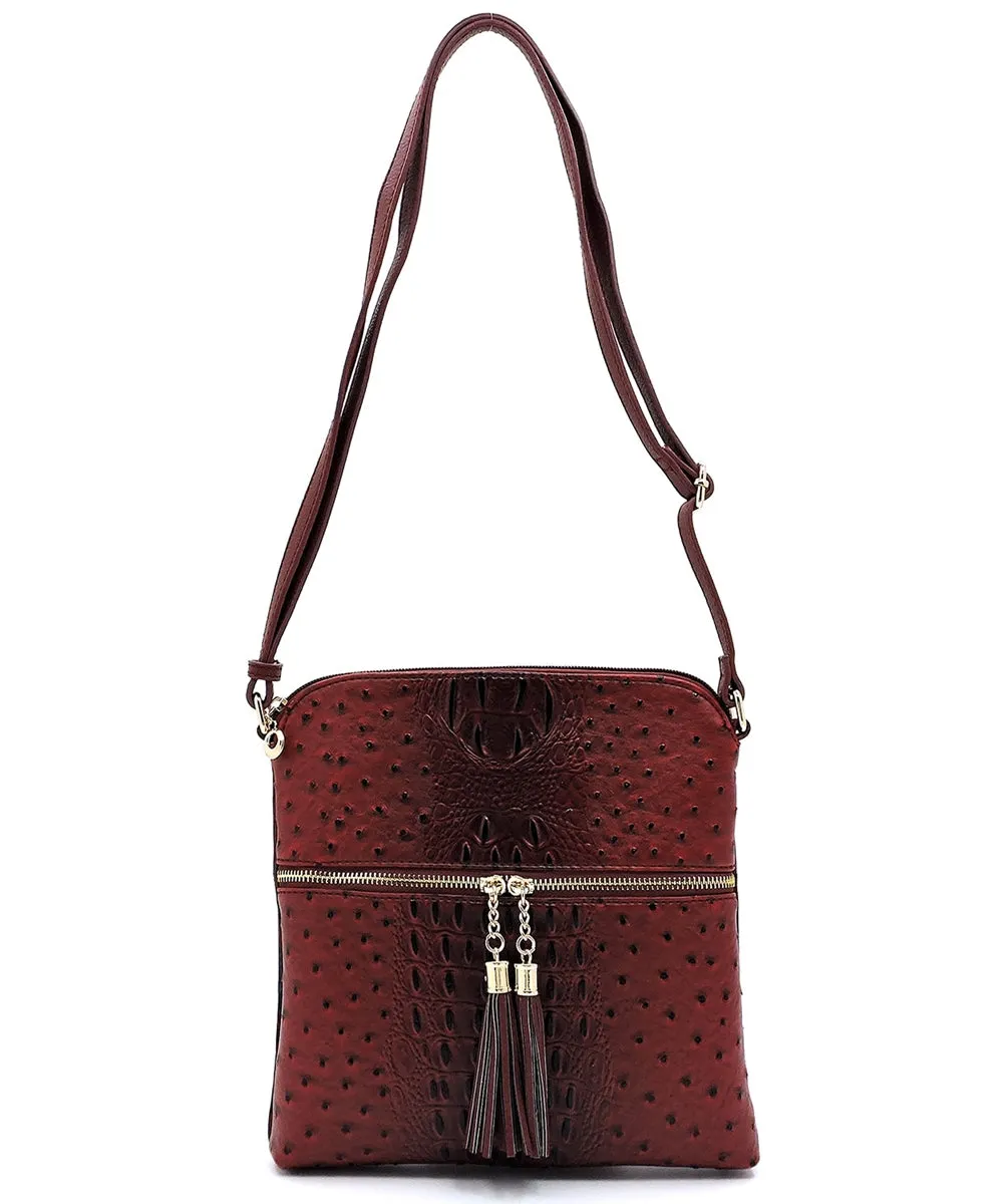 Ostrich Croc Zip Tassel Crossbody