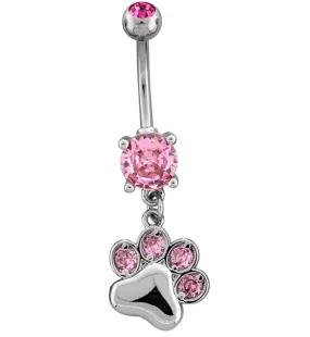 Paw Print Dangle Pink CZ Stainless Steel Belly Button Ring