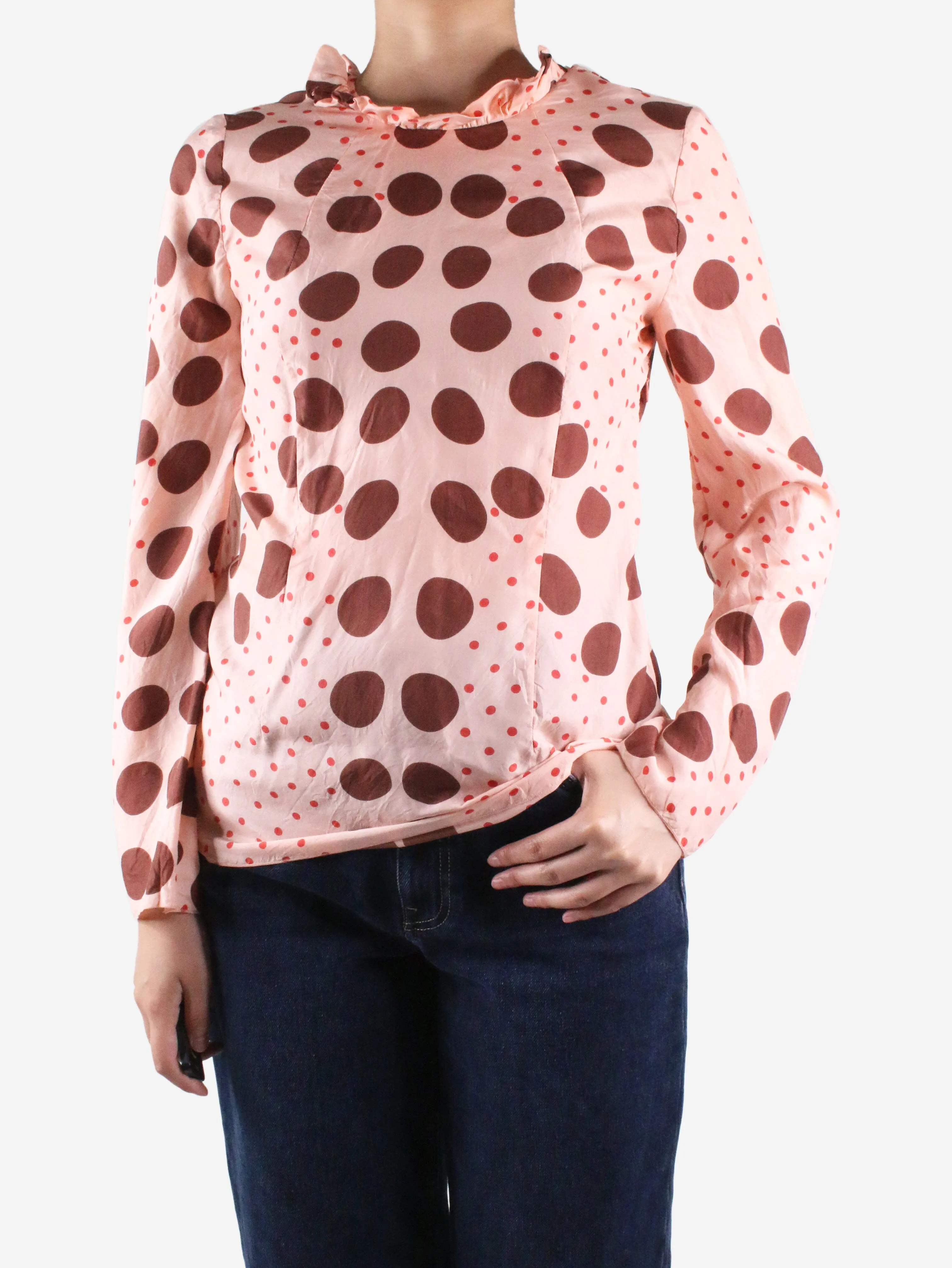 Pink dot printed silk top  - size UK 8