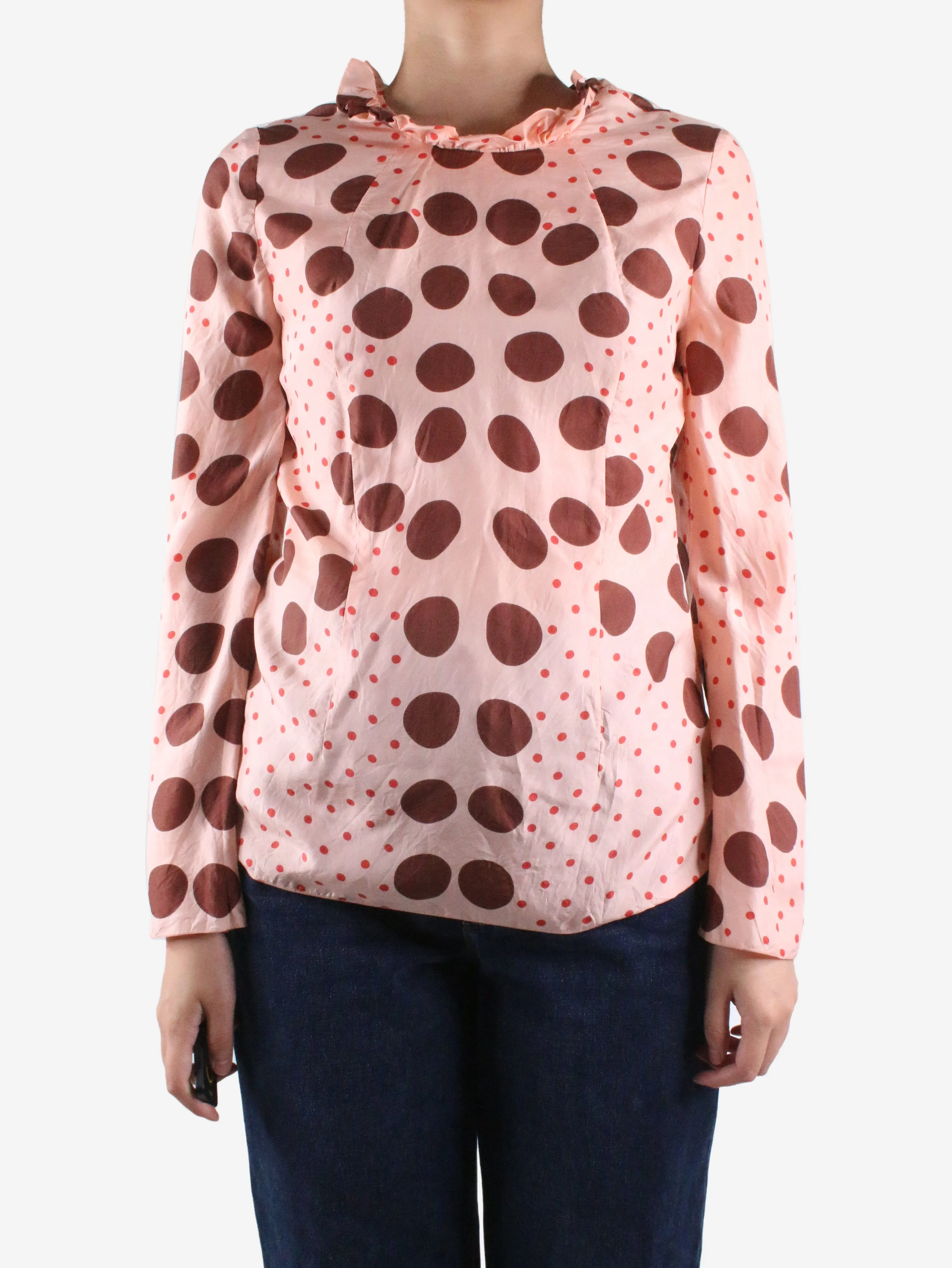 Pink dot printed silk top  - size UK 8