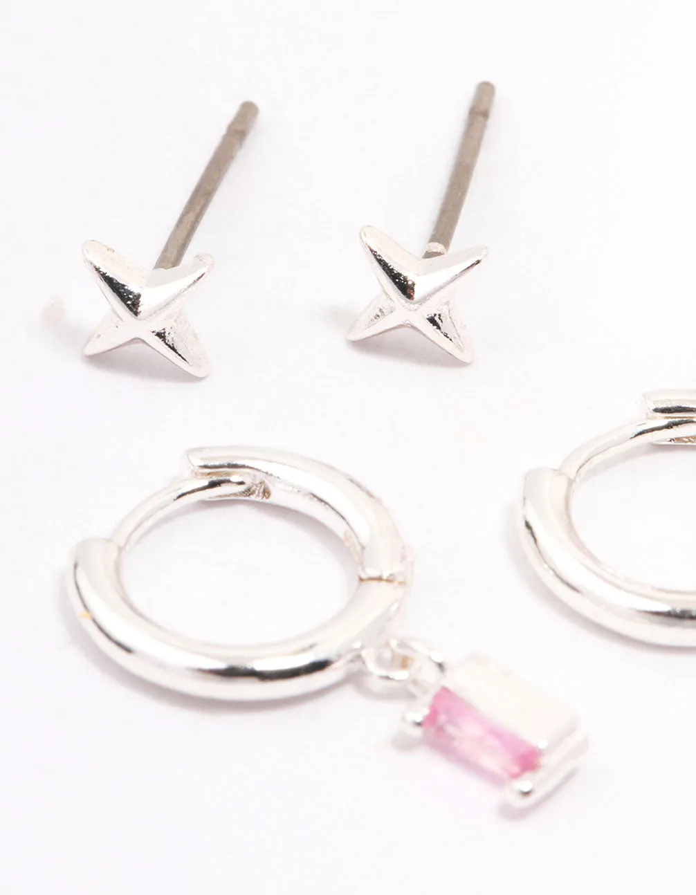 Silver Plated Pink Baguette Earring 3-Pack