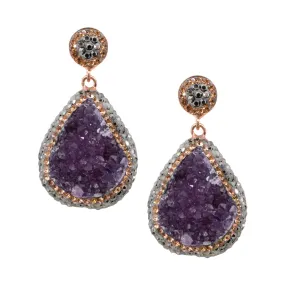 Sterling Silver Amethyst Druzy Quartz and Crystal Earrings