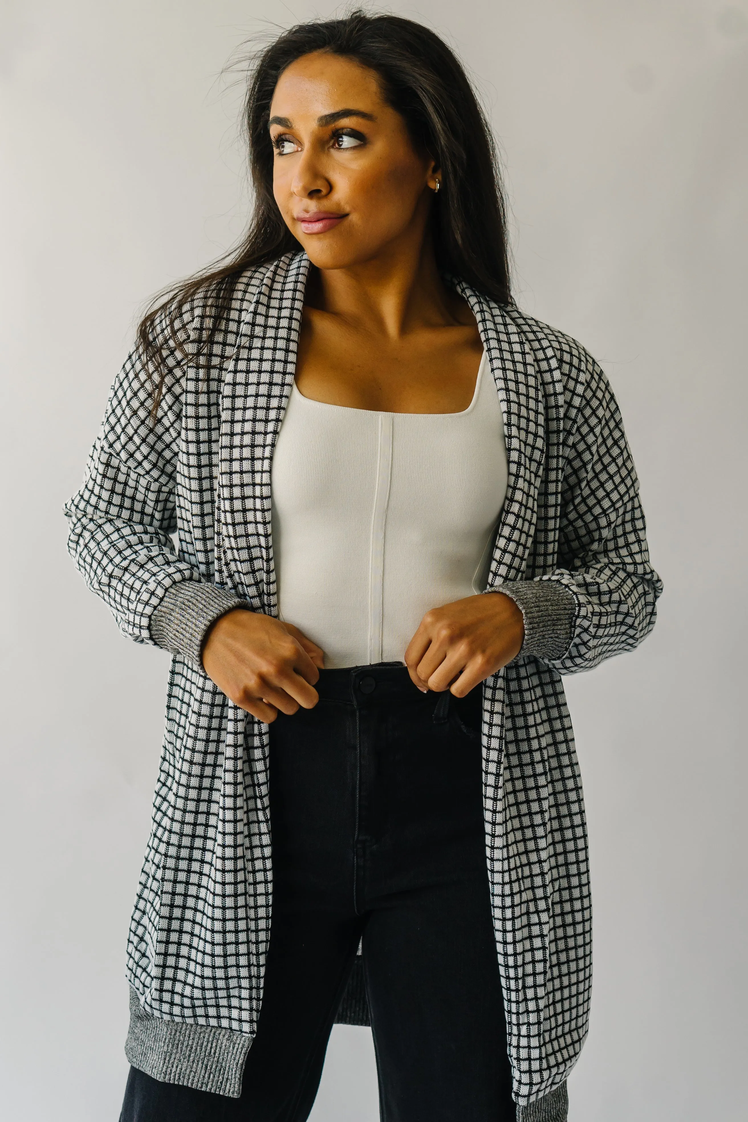 The Utica Checkered Cardigan in Black   White