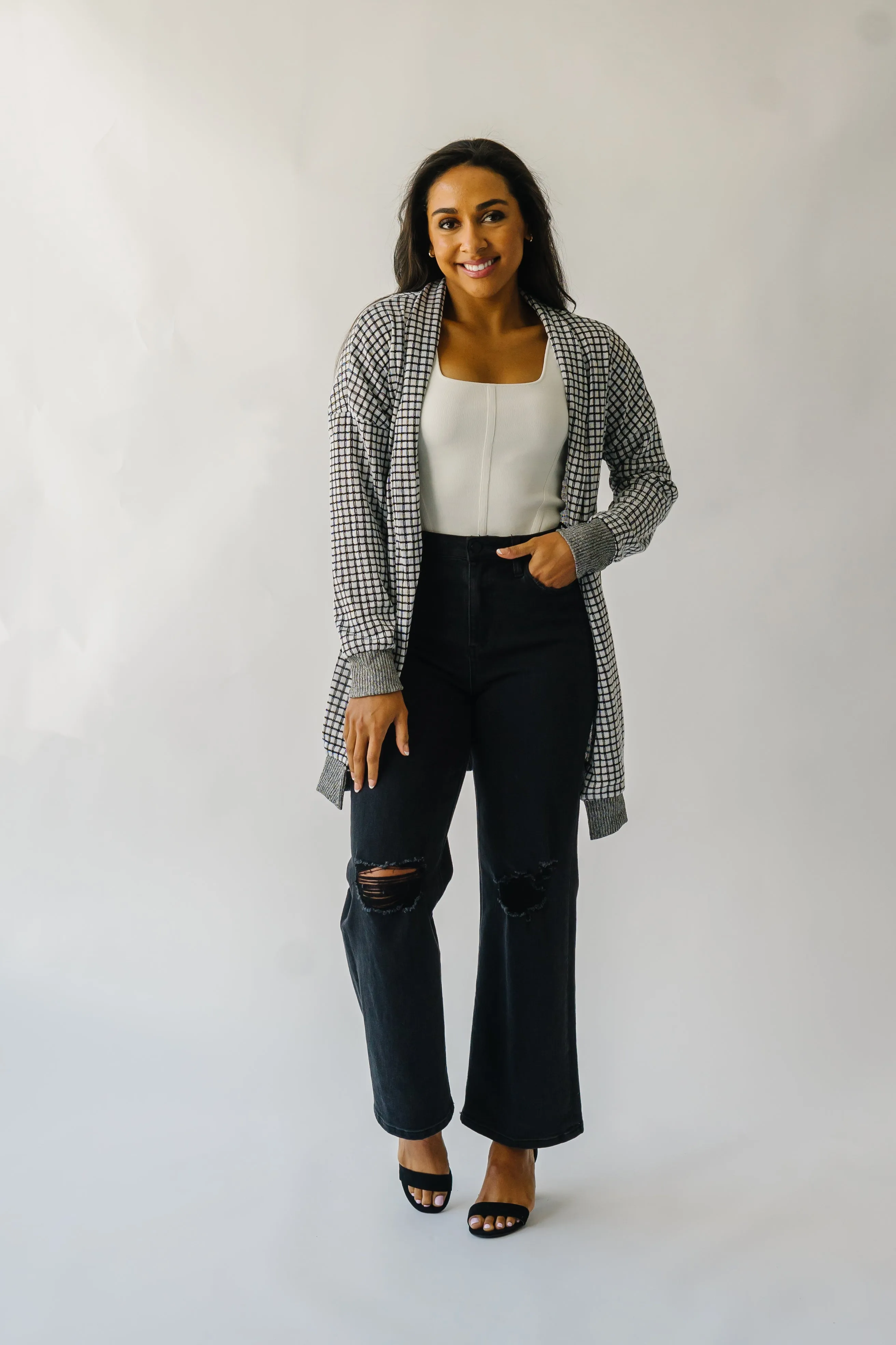 The Utica Checkered Cardigan in Black   White