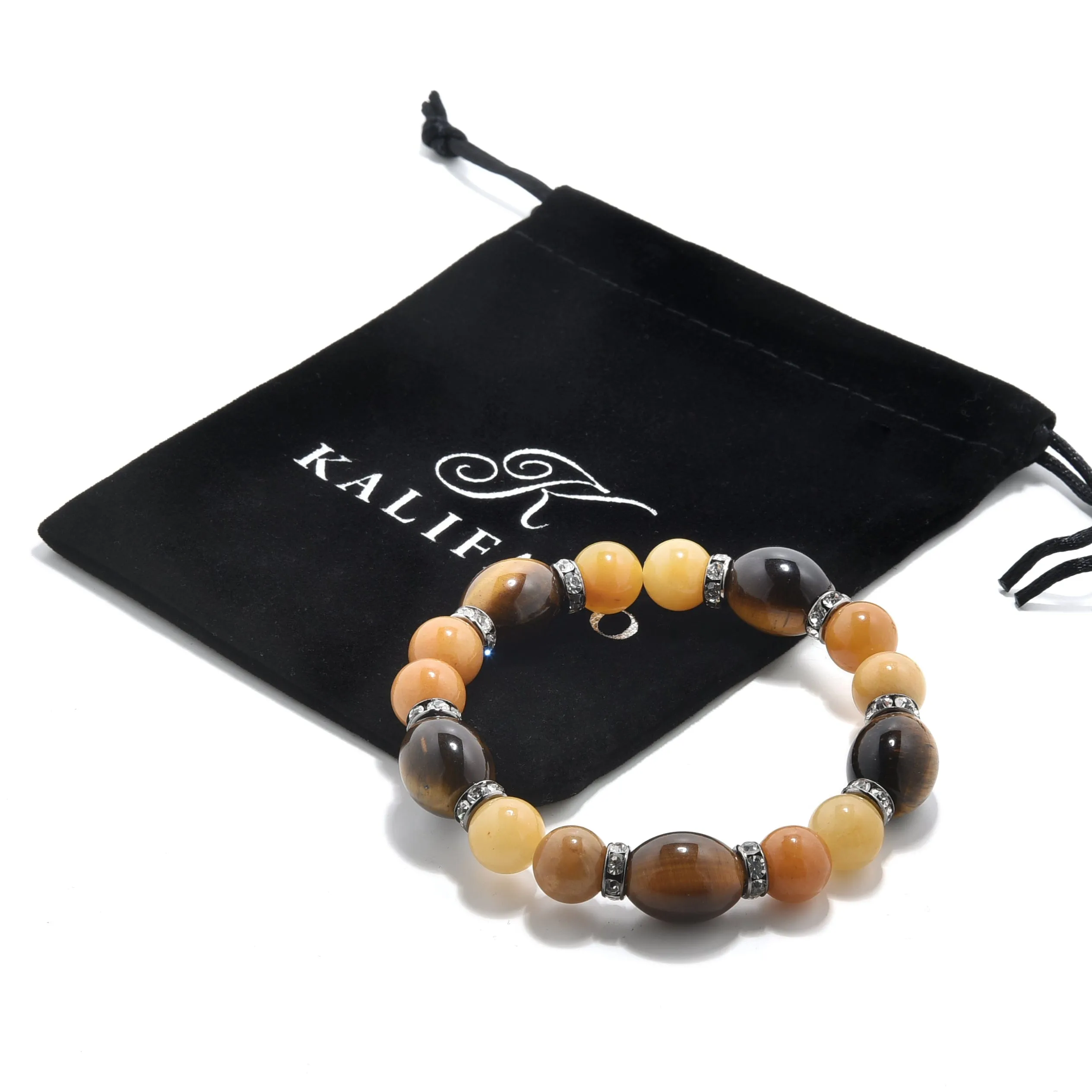 Tiger Eye with Crystal Accent 10mm Beads Gemstone Elastic Bracelet