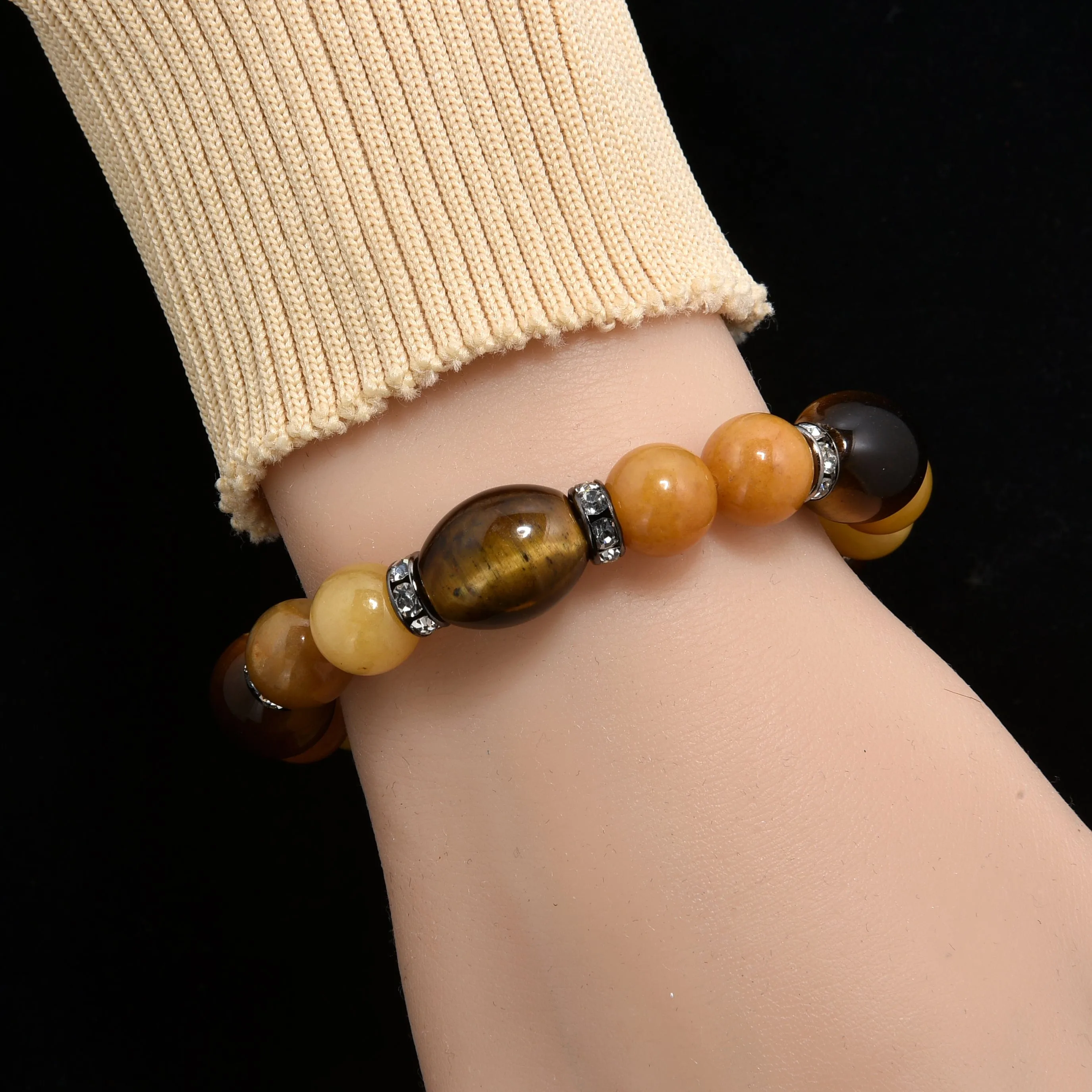 Tiger Eye with Crystal Accent 10mm Beads Gemstone Elastic Bracelet