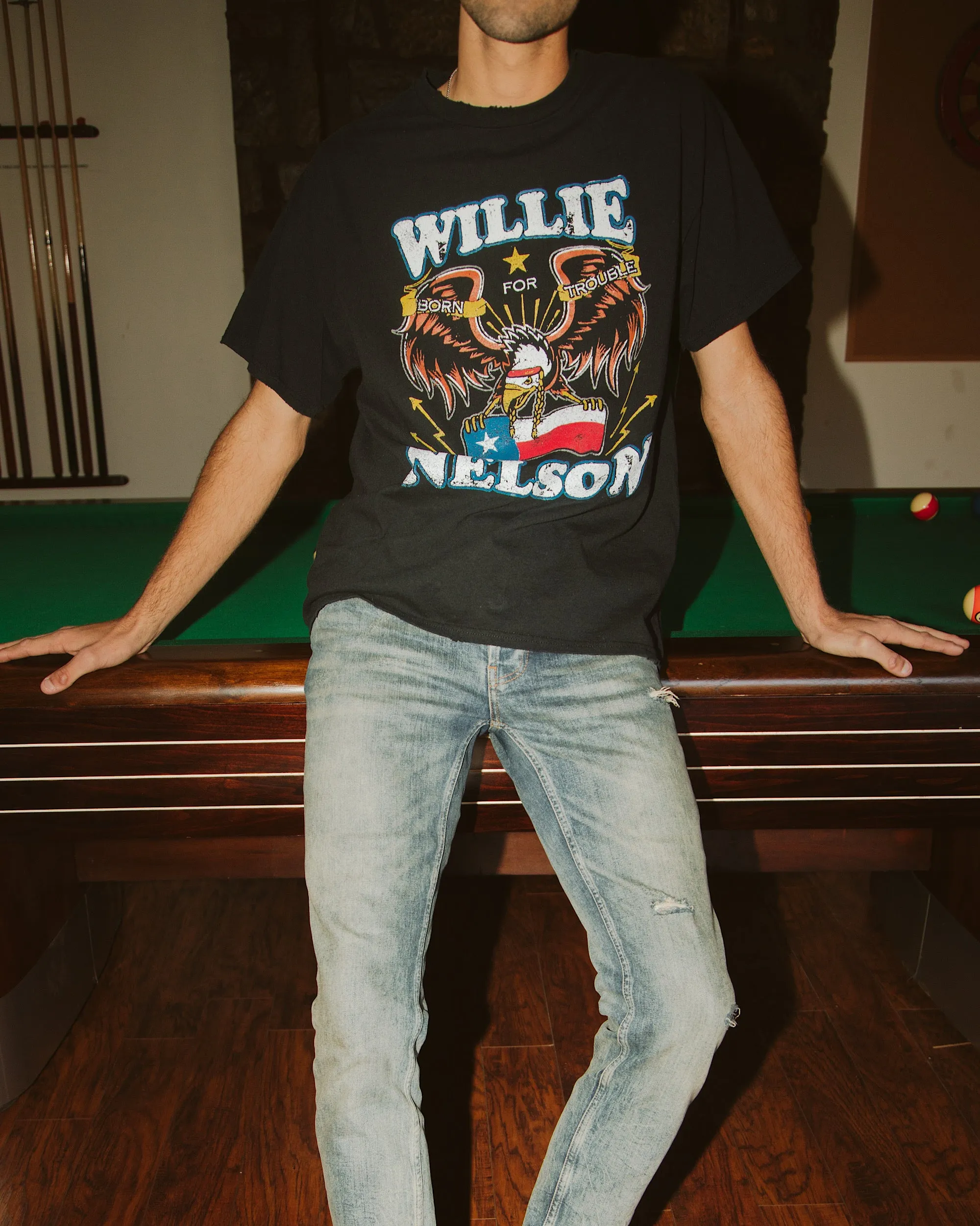 Willie Nelson Born For Trouble Black Thrifted Tee